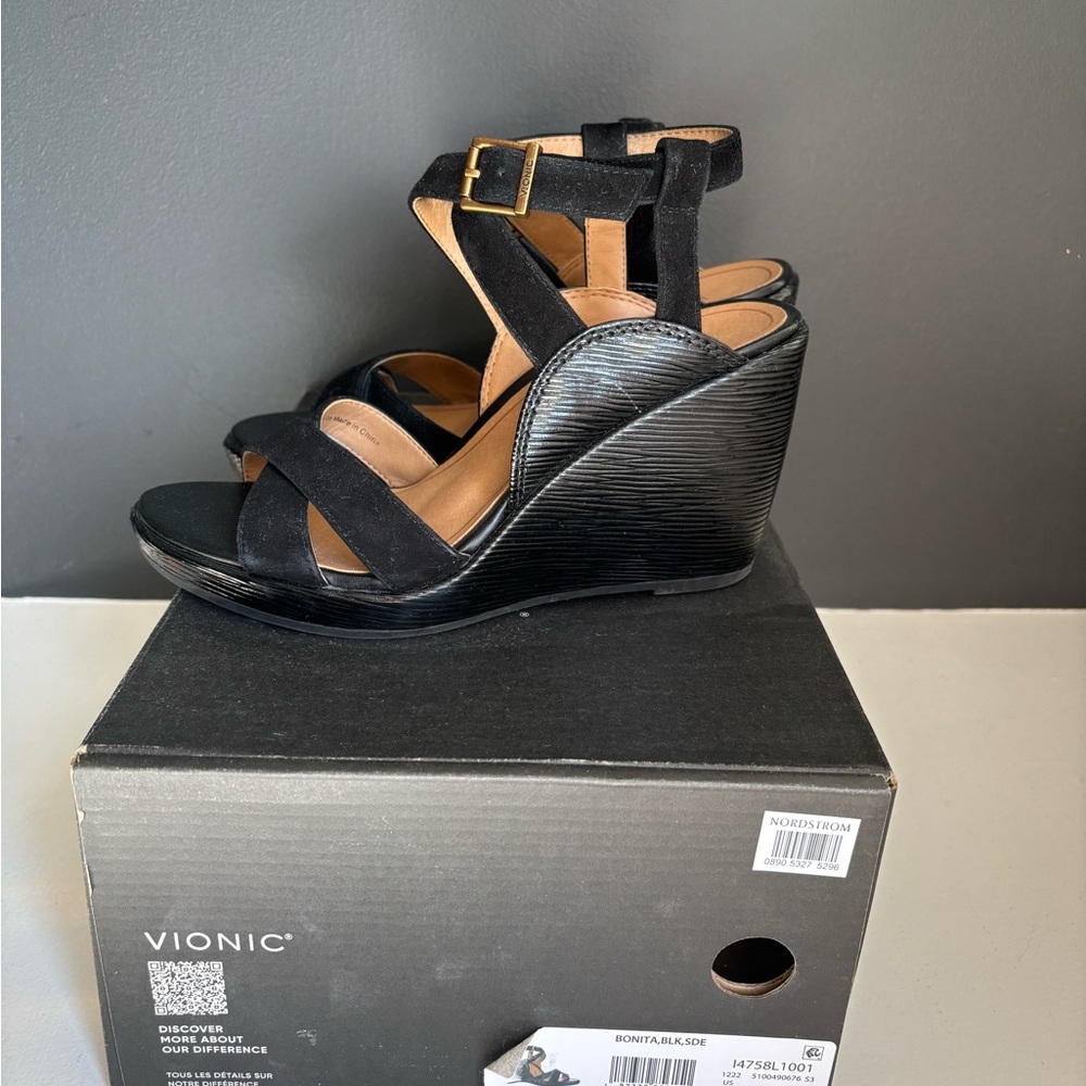 Vionic Black Suede Strappy Wedge Sandals